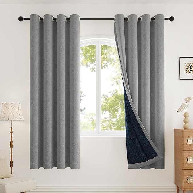 100% Blackout Curtains for Bedroom, Thermal Insulated Curtains 63 Inch Length Curtain 2 Panels, Soft Farmhouse Linen-Look Textured Full Light Blocking Room Darkening Drapes, W52xL63, Grey