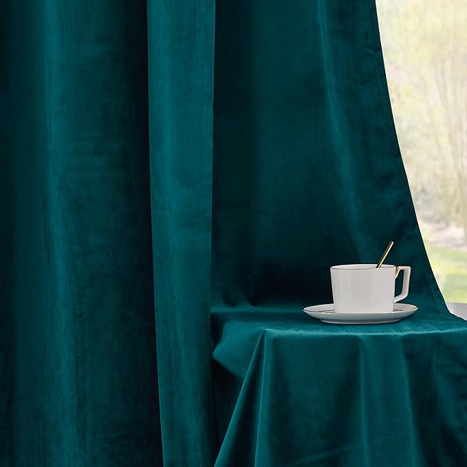 RYB HOME Velvet Curtains 90 inches Length, Back Tab & Rod Pocket Soft Fabric Curtains & Drapes for Bedroom Room Divider, Peacock Blue, W 62 x L 90, 2 Panels Set
