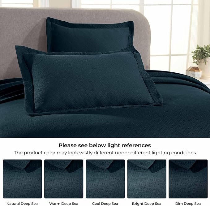 Superior 100% Cotton Basket Weave Bedspread with Shams, All-Season Premium Cotton Matelasse Jacquard Bedding, Quilted-Look Geometric Basket, Queen, Deep Sea