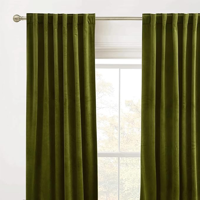 RYB HOME Velvet Curtains 72 inches Length, Back Tab & Rod Pocket Soft Fabric Curtains & Drapes for Bedroom Bathroom Cafe, Moss Green, W 42 x L 72, 2 Panels Set