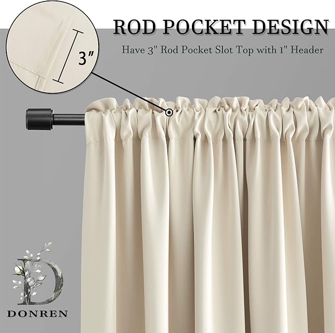 DONREN Thermal Room Darkening Draperies Window Curtain Panels - Easy Care Solid Rod Pocket Curtains for Dining Room (52 W x 96 L,2 Panels,Cream Beige)