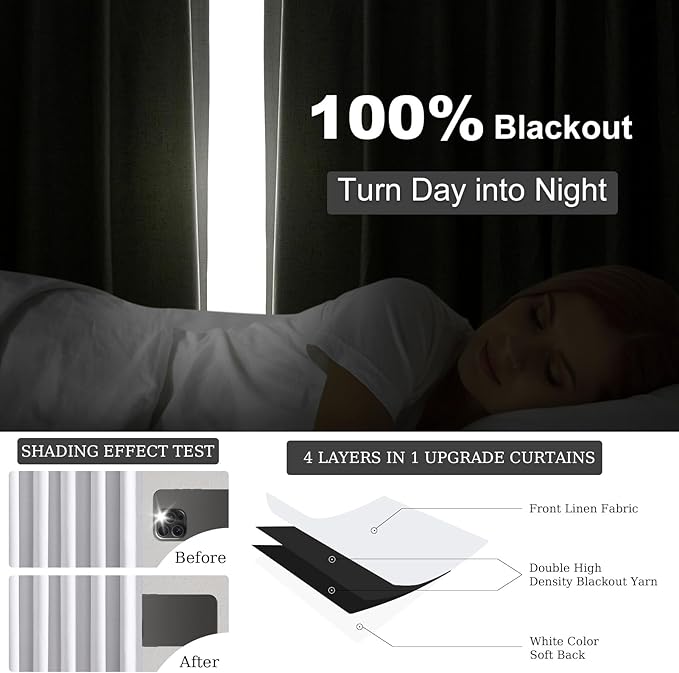 Topfinel White 102 Inches Long Custom Blackout Linen Curtains, Pinch Pleated Noise Cancelling Curtains with Pin Hooks for Traverse Rods, Viral Drapes 2 Panels for Living Room Master Bedroom