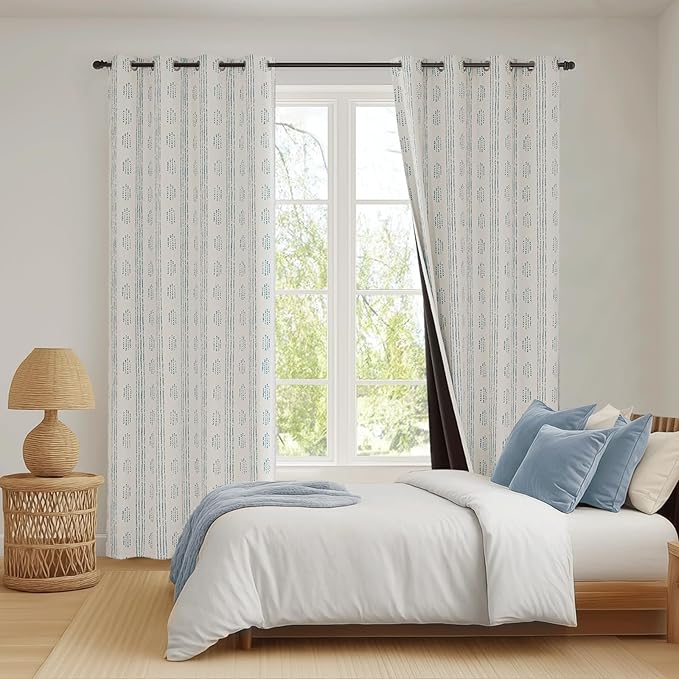 100% Boho Blackout Curtains 84 Inches Long for Bedroom, Blue on Beige Patterned Bohemian Curtains for Living Room, Geometric Striped Thermal Insulated Window Drapes Gromment Top 2 Panels
