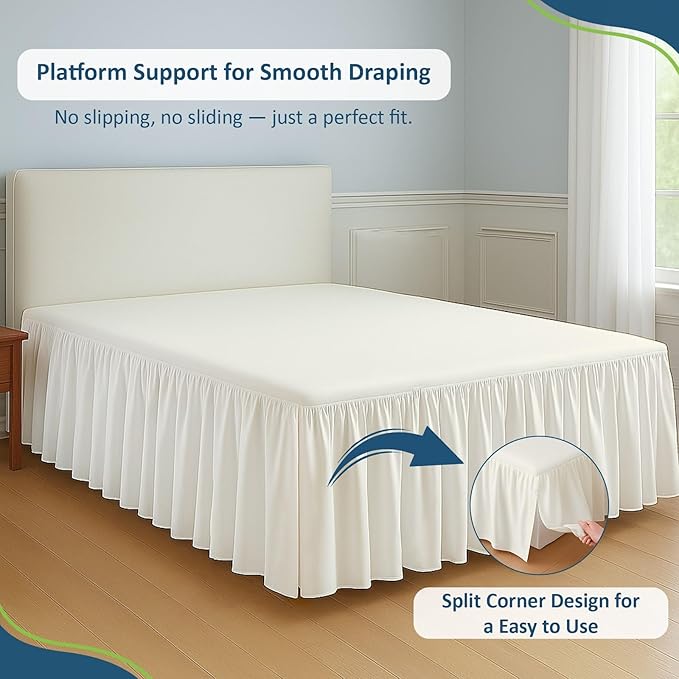 Rajlinen Ruffled Bed Skirt Twin XL, 16 Inch Drop Dust Ruffle with Split Corners, 100% Microfiber Bedskirt with Platform, Three-Sided Coverage Ruffled Gathering Design, Ivory