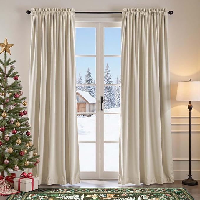 Lazzzy Velvet Blackout Curtains Thermal Insulated Room Window Drapes Super Soft Luxury Curtains for Living Room Bedroom Rod Pocket 2 Panels, Beige, 52" W x 90" L
