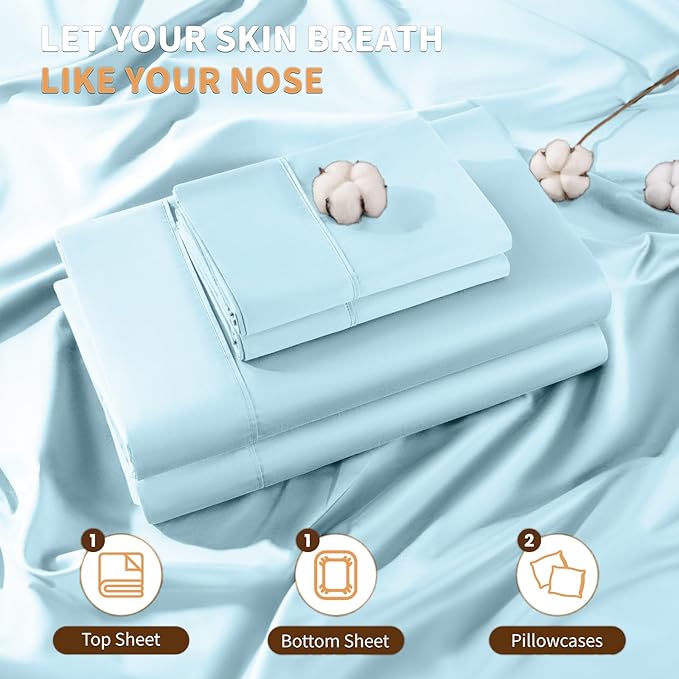 LBRO2M 100% Cotton Sheets Set Deep Pocket 19", 1000 Thread Count Queen Size 4 Piece Bed Sheet Sets Soft Comfortable Bedding All Season (Queen, Light Blue)