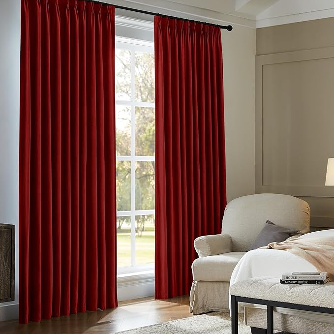 Pinch Pleated 100% Blackout Curtains for Bedroom, Red Velvet Curtains for Living Room, Black Out Curtain 84 inch Long Room Darkening, Blackout Pinch Pleat Drapes with Hooks 2 Panels