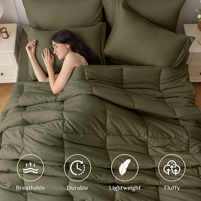 JOLLYVOGUE Queen Comforter Set, Ultra-Soft Bed in a Bag Queen Size 7 Pieces, Oeko-TEX Certified Bedding Set with Down Alternative Comforter, Sheets, Pillowcases & Shams, Olive Green