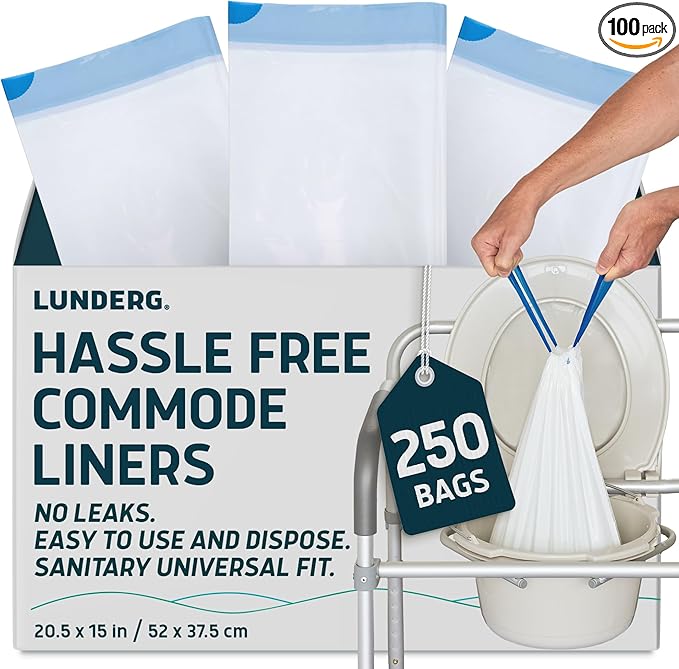 Lunderg Commode Liners - Value Pack 250 Count Universal Fit - Medical Grade Bedside Commode Liners Disposable for Adult Commode Chair, Portable Toilet Bags or Camping Toilet Bags