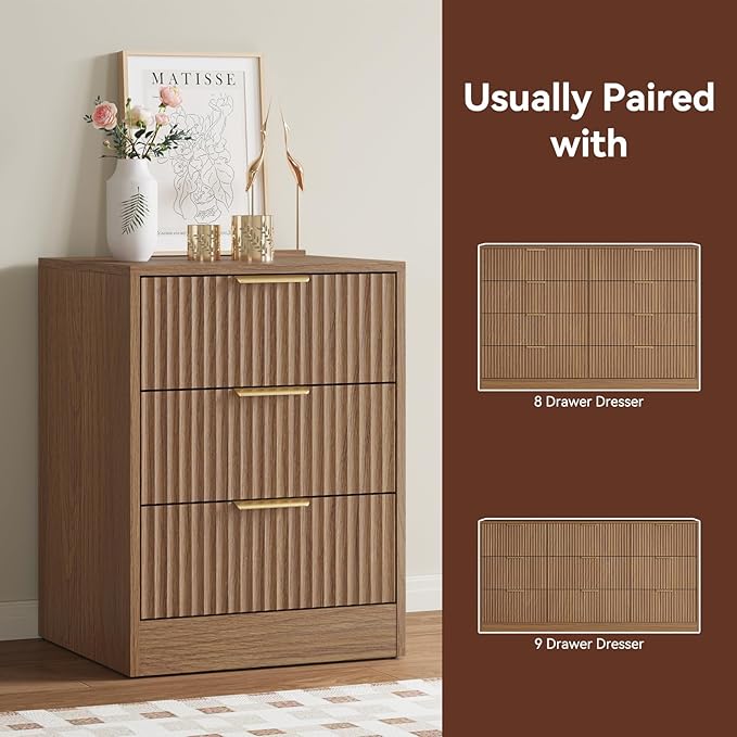 8 Drawer Dresser & 3 Drawer Nightstand Set 3-Piece, Tall Fluted Dresser and Night Stand Set of 2 w/Metal Handle, Modern Wood Chest of Drawers Storage Dressers Set for Bedroom, Natural Wood