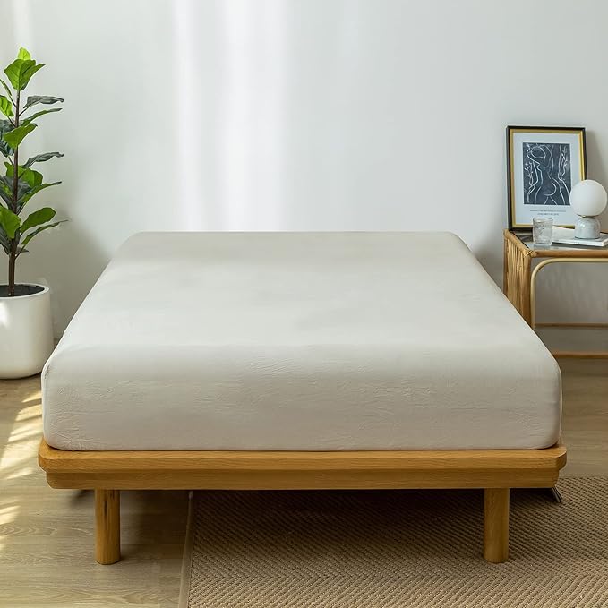 MooMee Fitted Bottom Sheet Only 100% Washed Cotton Linen Like Textured Breathable Durable Soft Comfy Deep Pocket Fits Mattress up to 17" (Cream Grey, Twin)