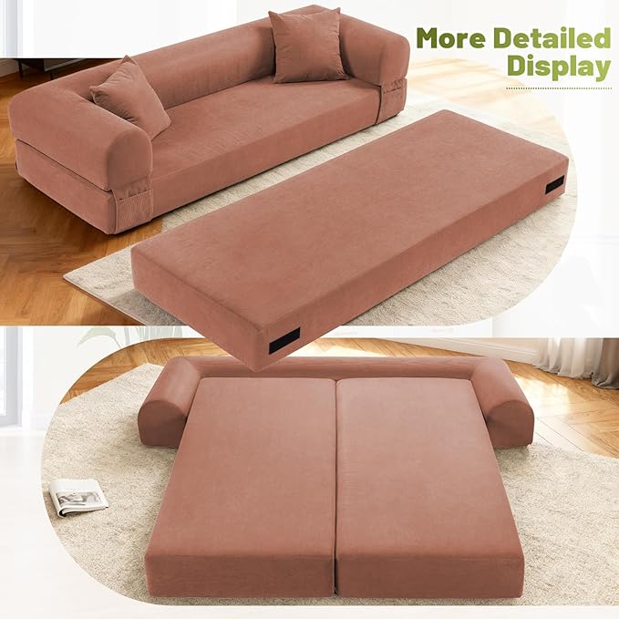 80" Convertible Sofa Bed,Corduroy Folding Sleeper Sofa Bed Queen with Pillows & Storage,Modular Pull Out Couches Boneless Couch for Living Room,Compressed Couch in a Box,Pink