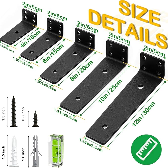 Floating Shelf Bracket 4 Inch of 6 Pack Heavy Duty Shelf Brackets Black Coated Metal L Bracket Wall Shelf Support DIY Brackets with 1/5 Inch Thick and 160 LBS Load Capacity