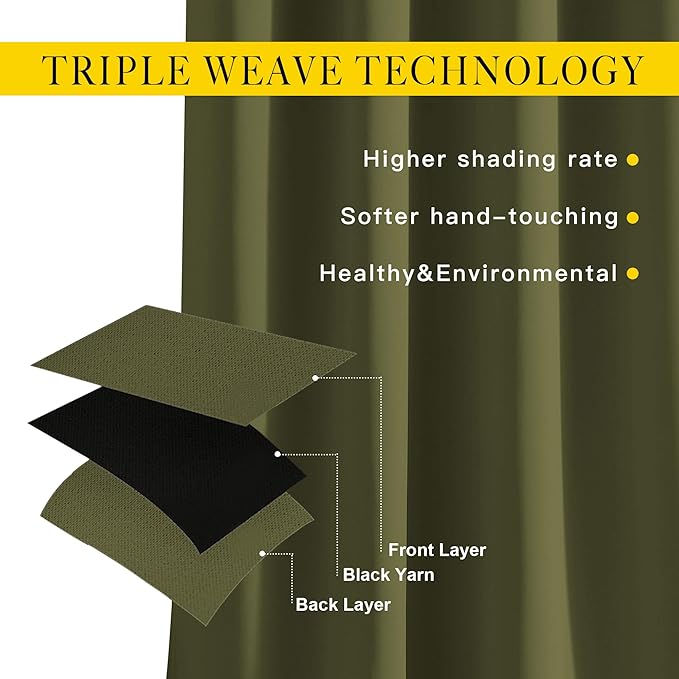 NICETOWN Bedroom Room Darkening Curtains 95 inch Length - Triple Weave Energy Saving Thermal Insulated Solid Grommet Room Darkening Draperies for Patio/Hall (1 Pair, 80 inches Wide, Olive)