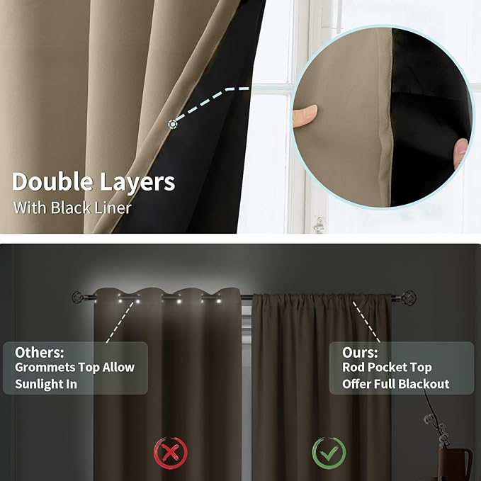 BGment 100% Blackout Curtains for Bedroom 72 Inch Length 2 Panels, Thermal Insulated Room Darkening Curtains Rod Pocket Soundproof Bedroom Living Room Window Curtains, Sand, Each 42 Inch Wide