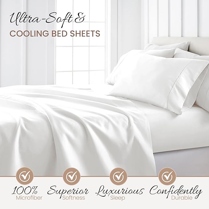 Linen Market Brushed Microfiber Full Sheet Set 4 Piece – Oeko-TEX Certified Ultra Soft & Wrinkle-Free - 16" Deep Pocket Sheets - Easy Care Full Size - White