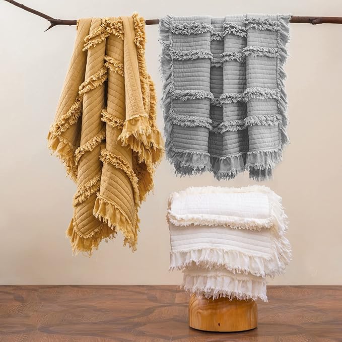 Ultra Soft Pre-Washed Quilted Boho Grey Queen Size Blankets for Bed, Ruffle Fringed Decorative Throw, Stone Washed Chic Rustic Blanket for Sofa Couch Bed, 90"*90"