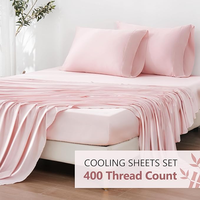 Linen World Queen Size 400TC Cooling Bed Sheet Set - 100% Organically Grown Viscose Sheets, Silky Soft & Breathable, Deep Pocket Fits Up to 16", 4-Piece Sheets with Pillowcases,Baby Pink