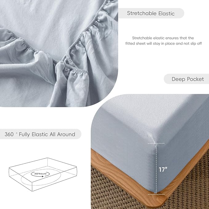 MooMee Fitted Bottom Sheet Only 100% Washed Cotton Linen Like Textured Breathable Durable Soft Comfy Deep Pocket Fits Mattress up to 17" (Cornflower Blue, Twin)