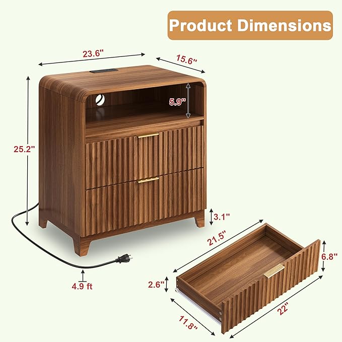 3 Pcs Bedroom Furniture Set, 9 Drawer Fluted Dresser and Nightstand Set of 2 with Charging Station, Modern Bed Side Table Chest of Drawers Storage Cabinet Set for Bedroom, Living Room, Walnut