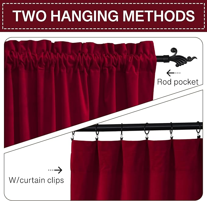 StangH Red Curtains 105 inches Long Luxurious Velvet Drapes for Theater/Living Room, Soft Thermal Insulated Curtains, Christmas Home Decor, W52 x L105, 2 Panels
