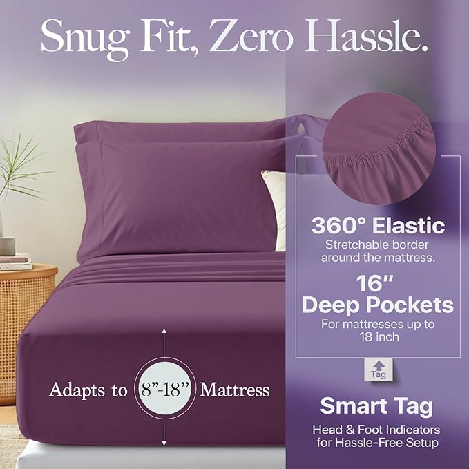 Carressa Linen 100% Egyptian Cotton Twin XL Sheets Set - 600 Thread Count Luxury Egyptian Cotton Sheets Twin XL Size (3 PC, Plum Purple), 16" Deep Pocket, Soft, Cooling, Sateen Weave Dorm Room Bedding
