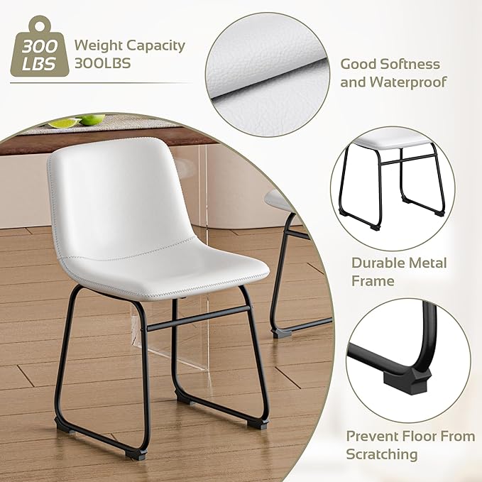 Dining Chairs Set of 8, 18 Inch Modern Armless Dining Chair with Back, Faux Leather Kitchen Dining Room Chair with Metal Legs for Home, Bistro Coffee Shops (White)