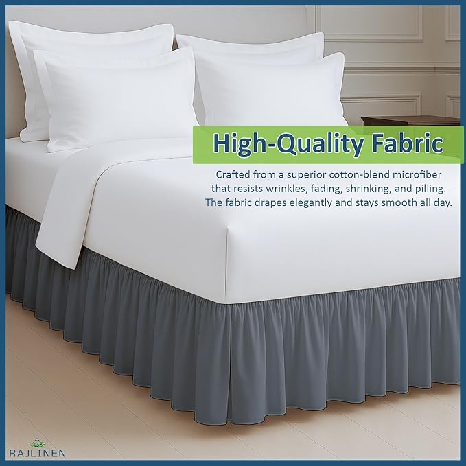 Rajlinen Ruffled Bed Skirt Full, 15 Inch Drop Dust Ruffle with Split Corners, 100% Microfiber Bedskirt with Platform, Three-Sided Coverage Ruffled Gathering Design, Dark Grey
