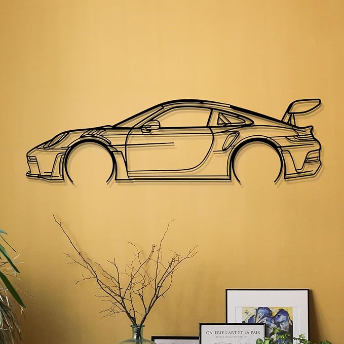Dekory Car Wall Art – 911 GT3 RS (992) Black Metal Sports Car Silhouette, Modern Industrial Automotive Wall Decor for Garage, Living Room or Bedroom – 24 Inch (S)