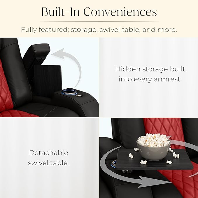 Seatcraft Diamante Zero-Gravity CoolZero Italian Leather Home Theater Seating, Power Headrest, Power Recline, Row of 5 Middle Sofa, Black/Red