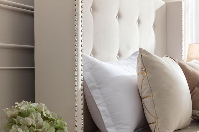Queen Size Upholstered Bed Frame, 54" Tall Headboard Platform Bedframes with Nail Head Decorative Wingback, Hand Buttoned Tufting Headboard Beds/No Box Spring Needed/Minimalism, Ivory Velvet