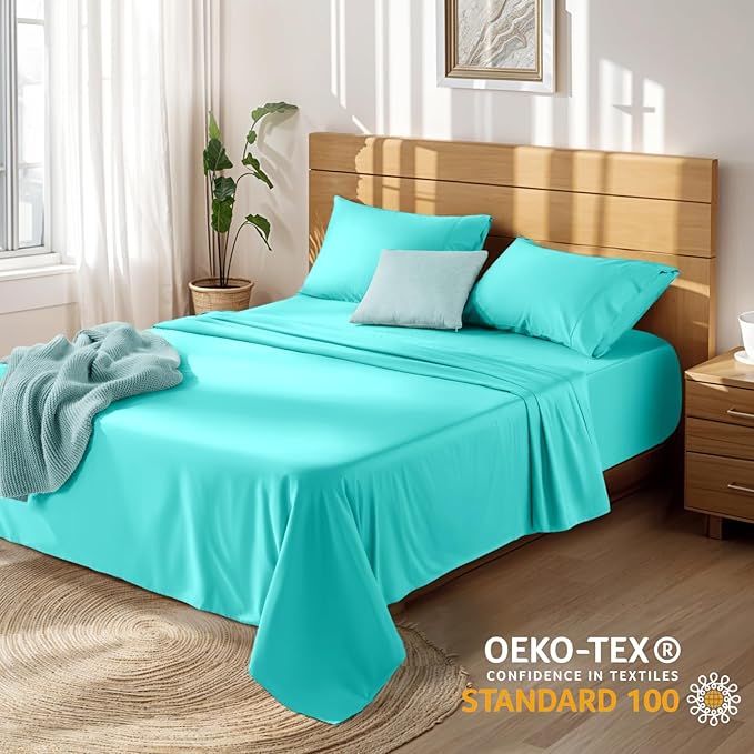 LBRO2M 100% Cotton Sheets Set Deep Pocket 19", 1000 Thread Count King Size 4 Piece Bed Sheet Sets Soft Comfortable Bedding All Season (King, Lake Green)