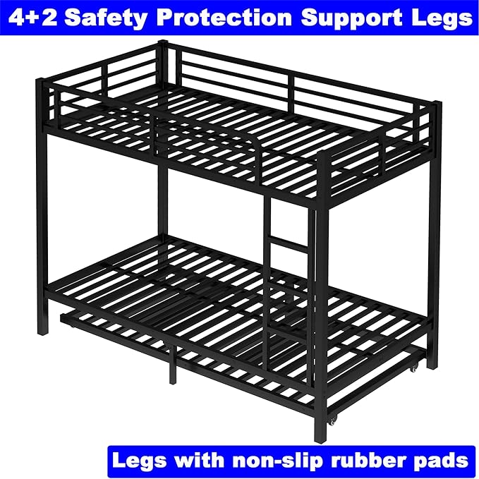 Upgraded Version Thicken Heavy Duty Metal Twin XL Bunk Bed with Twin Size Trundle, Modern Style Stronger Bunk Bed Frame for Adults, Easy Assembly (Twin XL)
