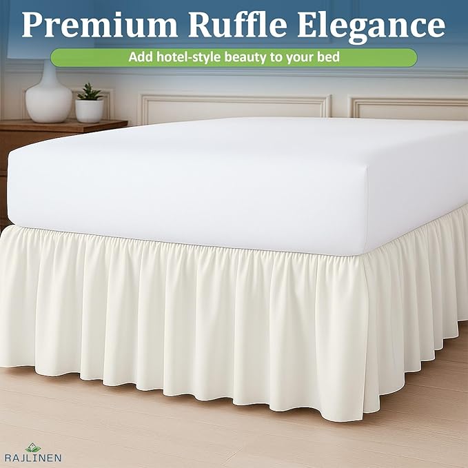 Rajlinen Ruffled Bed Skirt Twin, 16 Inch Drop Dust Ruffle with Split Corners, 100% Microfiber Bedskirt with Platform, Three-Sided Coverage Ruffled Gathering Design, Ivory