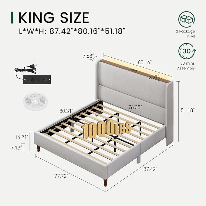 LARMACE King Size Bed Frame with LED Lights and Charging Station Linen Upholstered Platform Bed Frame with 51.2" Tall Wingback Headboard and Storage Shelf, No Box Spring Needed, Easy Assembly, Grey