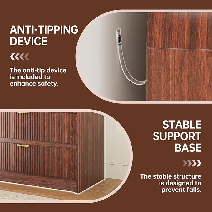 FURSUN Fluted 6 Drawers Dresser for Bedroom, 54" Wide Wooden Dresser with Metal Handle, Curved Profile Design, Modern Storage Organizer for Bedroom, Living Room, Hallway, Walnut