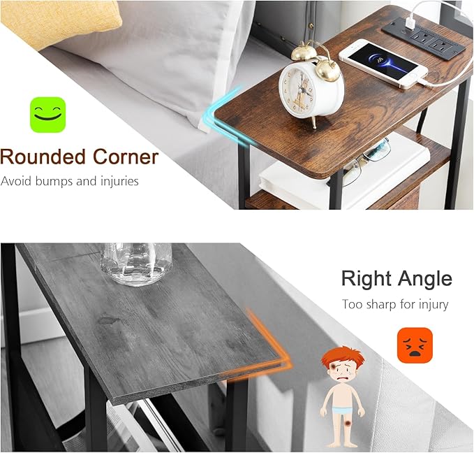 LOAKEKEL Narrow End Table Living Room with Charging Station, Skinny Side Table with Fabric Drawers, Slim LED Nightstand for Bedroom, Small Spaces, Couch, Rustic Brown, HETNDP03LPBR-1