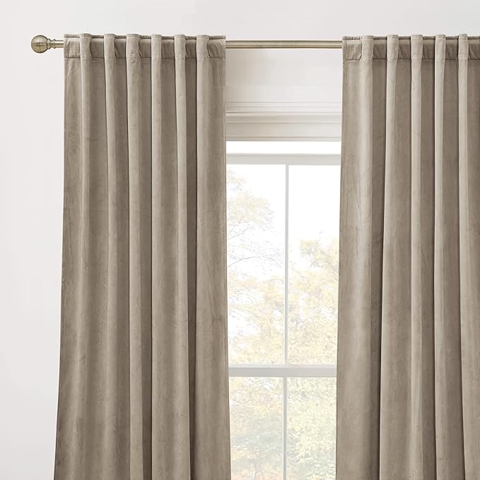 RYB Home Camel Beige Velvet Curtains 96 inches - Rod Pocket Farmhouse Window Panels Privacy Theraml Insulted Drapes for Bedroom Bathroom Hotel Hall, W62 x L96, 2 Panels Set