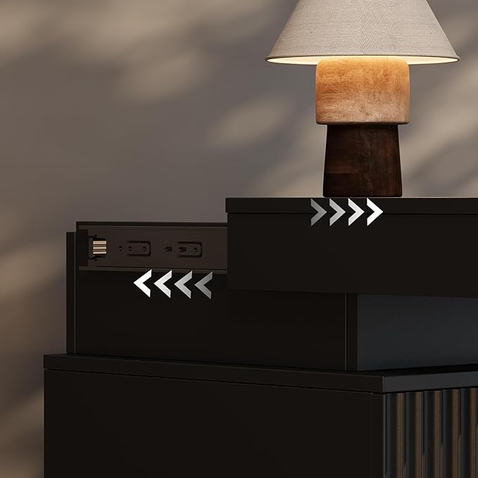 Nightstand Set of 2 for Bedroom, LED Nightstand with 3 Drawers and Charging Station, Mid Century Modern Fluted Nightstands, Bedside Tables & End Tables, Black
