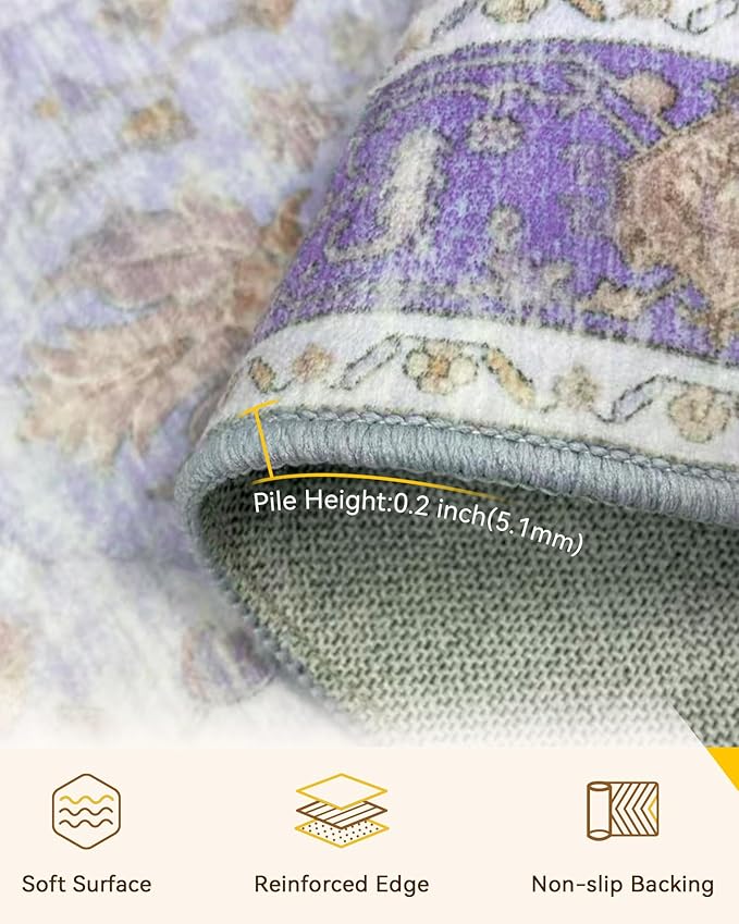 Area Rugs 2'x8' Washable Non-Slip, Floral Vintage Distress Print Pattern Medallion Carpet for Living Room Bedroom Dining Room, Light Purple Brown