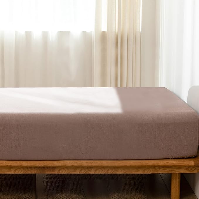 MooMee Fitted Bottom Sheet Only 100% Washed Cotton Linen Like Textured Breathable Durable Soft Comfy Deep Pocket Fits Mattress up to 17" (Mauve Brown, California King)