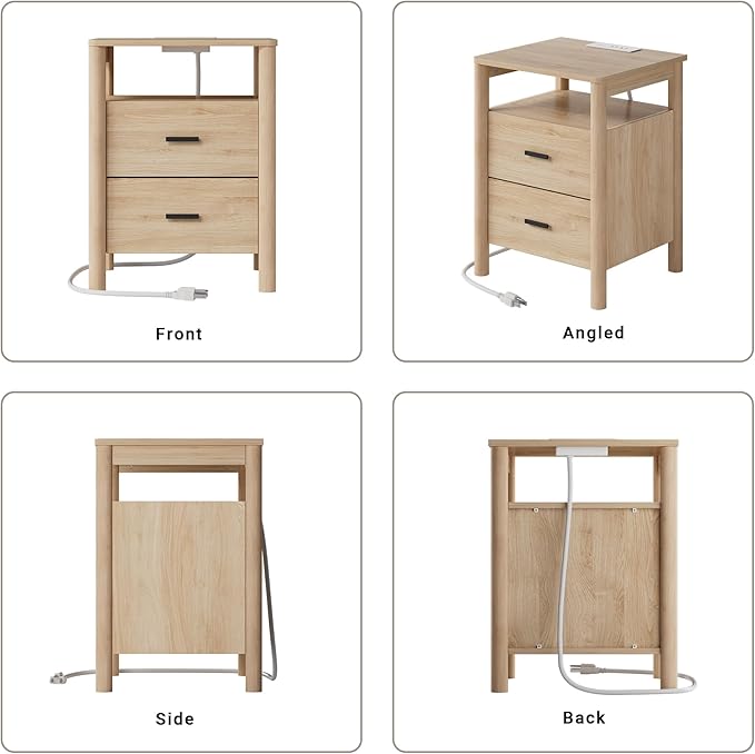 FavourLife Night Stand, 20" Wide Nightstand, Modern Large Nightstand with Charging Station, 2 Drawer Wooden End Table with Solid Round Post Legs & Open Shelf, Bedside Table for Bedroom, Natural Oak