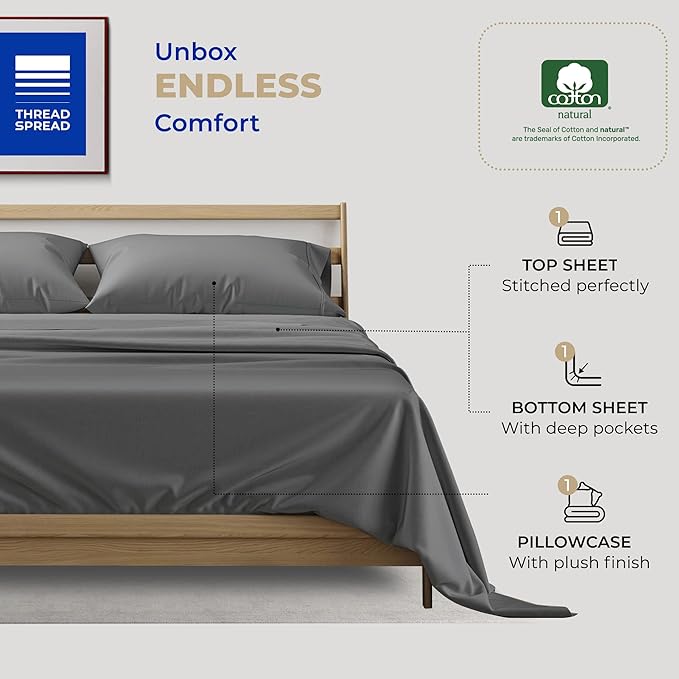 THREAD SPREAD Egyptian Cotton Sheets - 400 Thread Count 100% Cotton Twin XL Size Sheet Set, 3 PC Twin XL Sheets, Luxury Sateen, Dorm Rooms, 16" Deep Pocket Breathable Cotton Sheet (Dark Grey)
