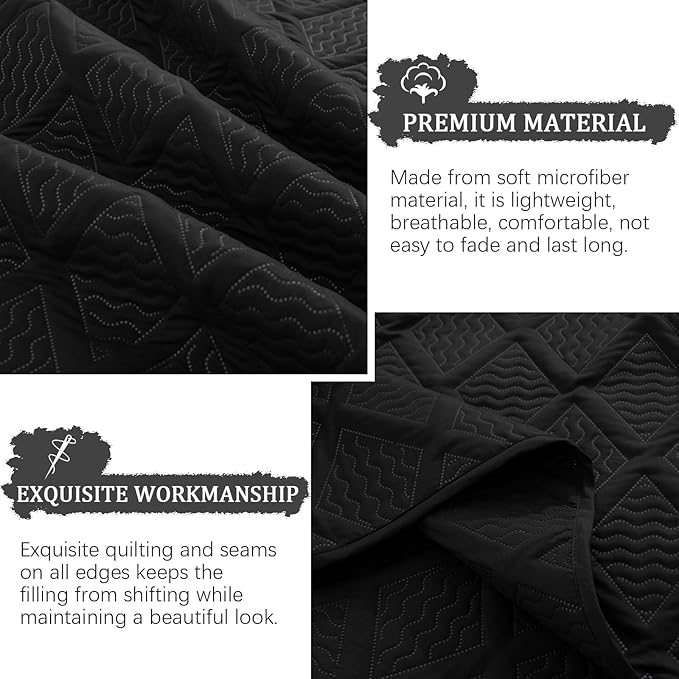Yiran Quilt Queen Size Bedding Set Black Bedspreads Embossed Diamond Pattern Soft Microfiber Coverlet Bedding Set for All Season with 2 Pillow Shams (Full Queen, 96x90 Inch)