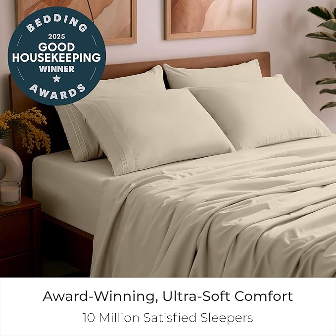 Mellanni California King Sheet Set - 6-Piece Iconic Collection Bedding, (Including 4 Pillowcases), 21-Inch Extra Deep Pocket, Easy Care, Ultra Soft, Cooling Sheets, Brushed Microfiber - Beige