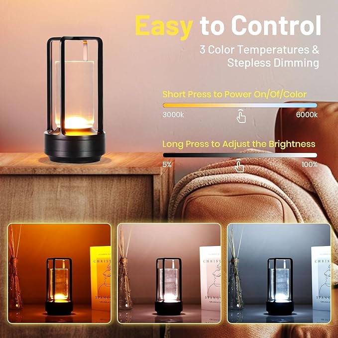 Crystal Lantern Lights Set of 2, Czgor Battery Operated Rechargeable Cordless Crystal Table Lamp with 3-Color, Small LED Desk Lamp for Indoor/Outdoor Patio Camping Bedroom Bar Restaurant(Black)