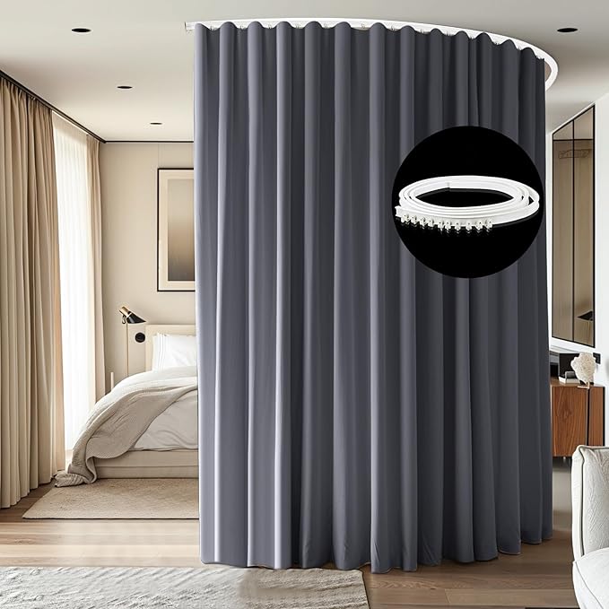 Room Divider Ceiling Mounted Curtains Track Sets Extra Wide Blackout Curtain Flexible Tracks for Bedroom Privacy Partition Separator, 1 Panel Grey Drape and White Rail, W8.3 x H9ft