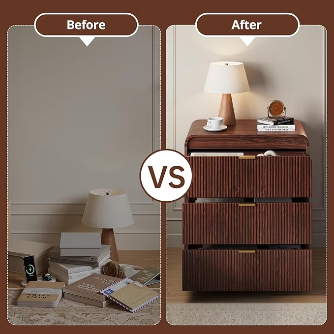 FURSUN 32" Tall Fluted Nightstand Set of 2, 3 Drawers Wooden End Table w/Storage, Curved Profile Design, Modern Bedside Table for Bedroom, Dark Walnut