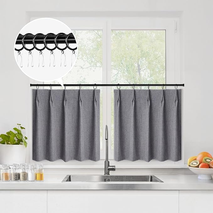 WdFour 30x30 Inch Pinch Pleated Blackout Cafe Curtains - Pack of 2, 100% Light Blocking Back Tab Drapes for Half Windows, Kitchen & Bathroom Short Curtains in Dark Gray