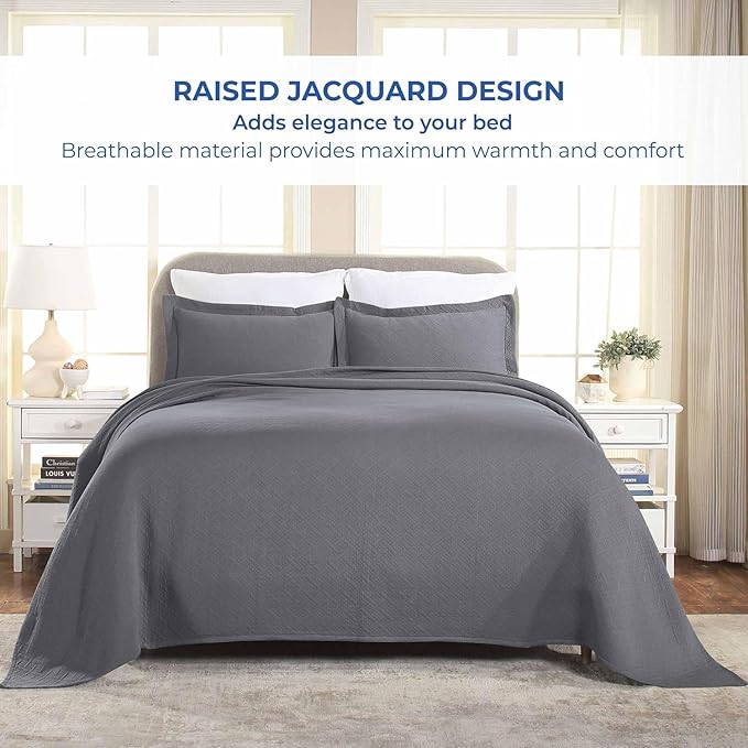 Superior 100% Cotton Basket Weave Bedspread with Shams, All-Season Premium Cotton Matelasse Jacquard Bedding, Quilted-Look Geometric Basket, Full, Grey